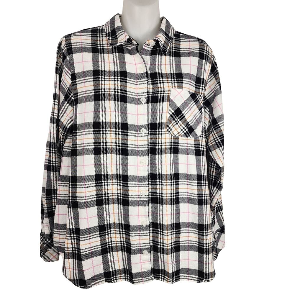 Isaac Mizrahi Live! Womens Plaid Big Shirt Size 6 Black White Button Up A390350